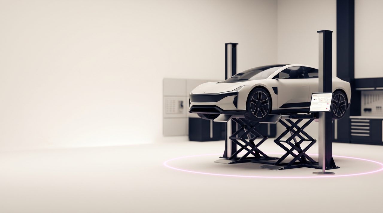 Elektroauto auf der Hebebühne einer modernen Werkstatt