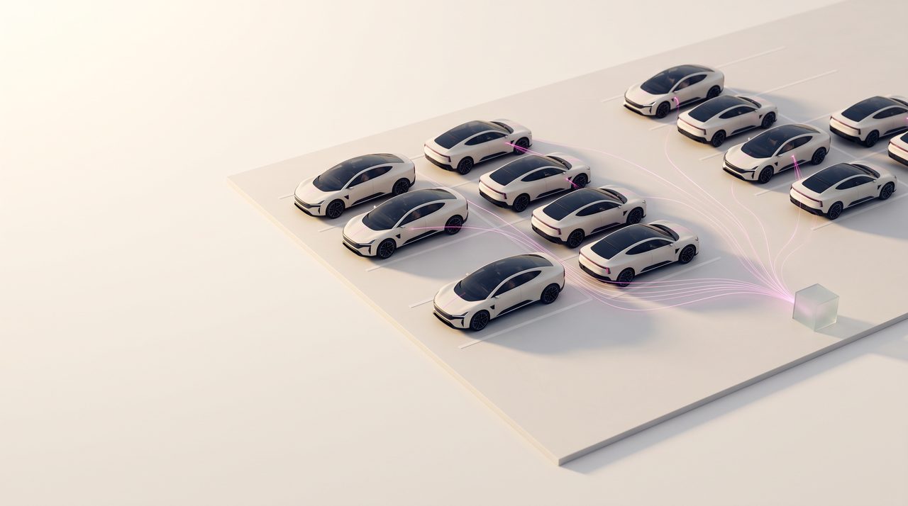 Firmenparkplatz mit Elektroautos, deren Daten geordnet zusammenlaufen