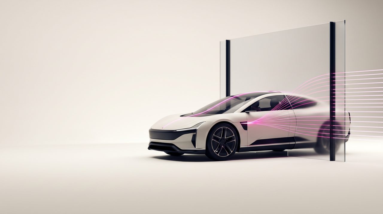 Elektroauto, dessen Datenströme durch ein gläsernes Tor geführt werden