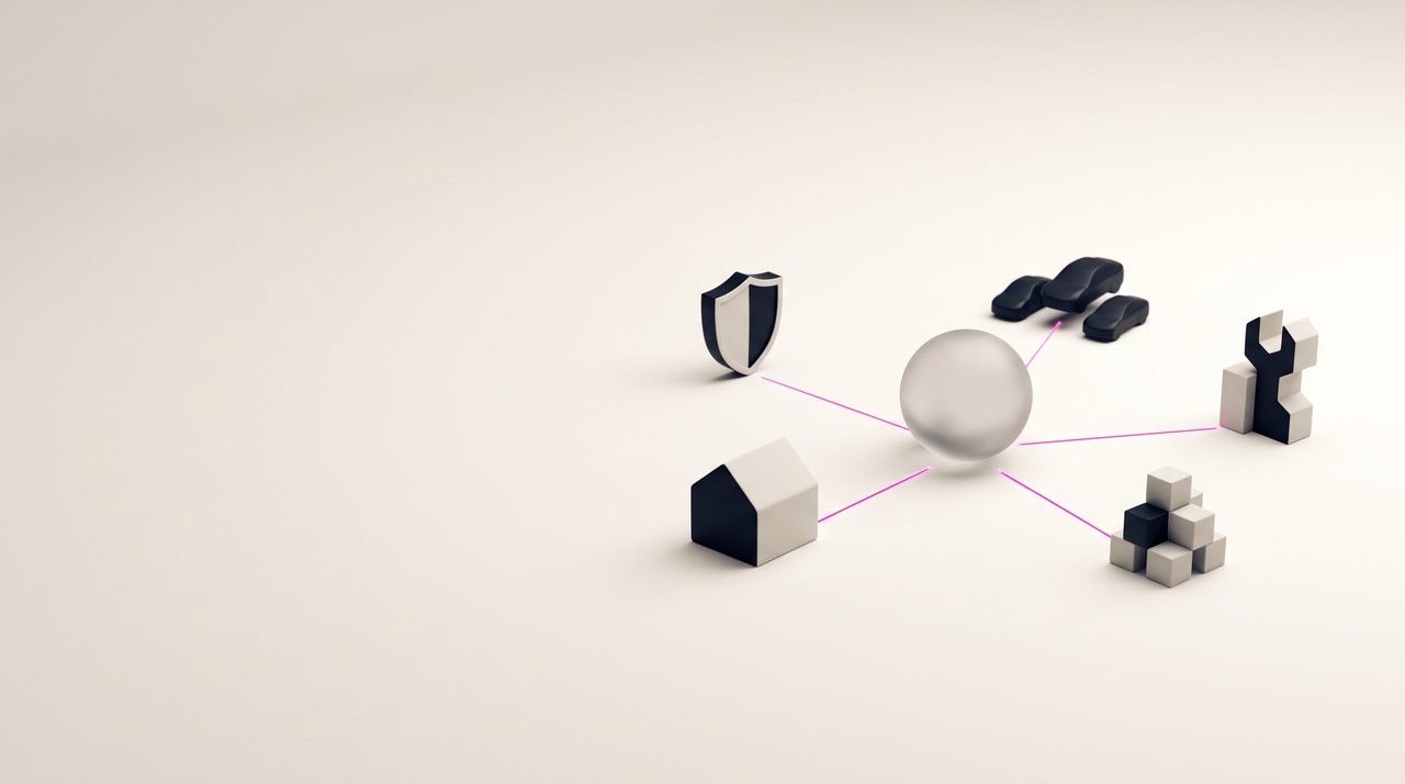 Gläserne Kugel als neutraler Knoten, über feine Linien mit fünf Partnern verbunden